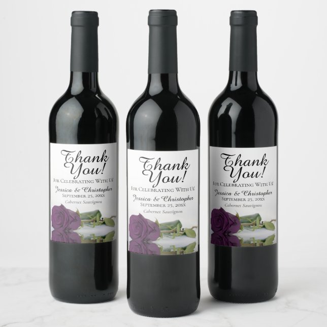 Elegant Plum Purple Rose Wedding Thank You Wine Label (Bottles)