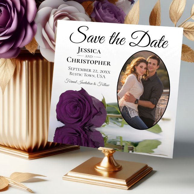 Elegant Plum Purple Rose with Oval Photo Wedding Save The Date (Creator Uploaded)