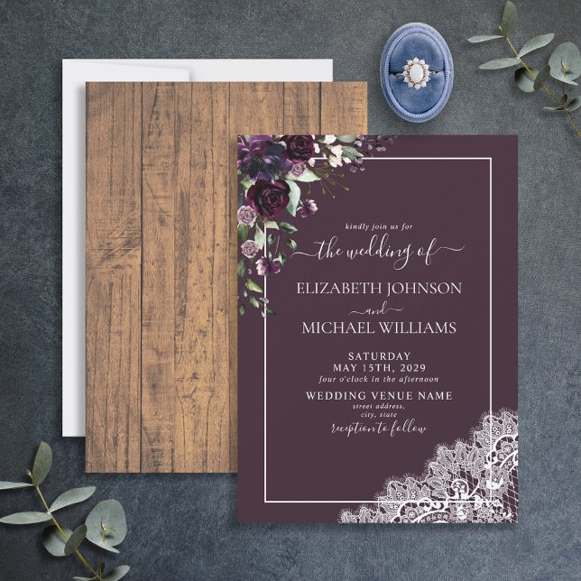 Elegant Plum Purple Rustic Wood Script Wedding  Invitation (Creator Uploaded)
