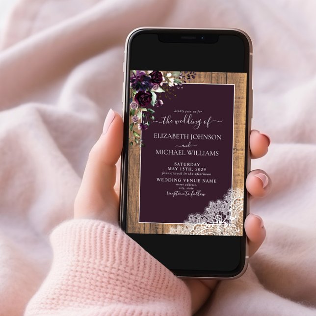 Elegant Plum Purple Rustic Wood Script Wedding Invitation (Creator Uploaded)