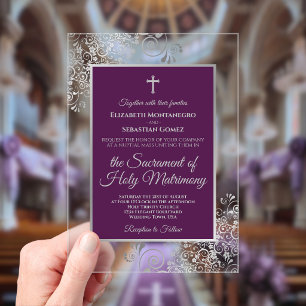 Elegant Plum Purple & Silver Catholic Wedding Acrylic Invitations