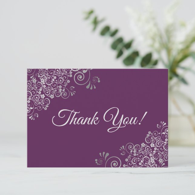 Elegant Plum Purple & Silver Curls Simple Wedding Thank You Card (Standing Front)