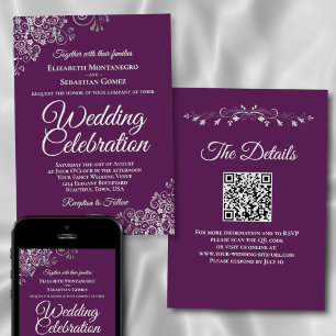 Elegant Plum Purple & Silver QR Code Wedding Invitation