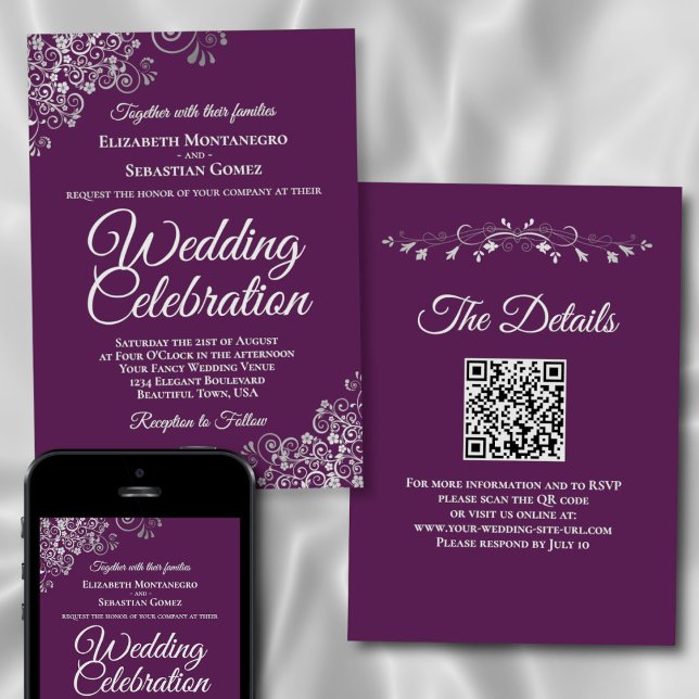 Elegant Plum Purple & Silver QR Code Wedding Invitation (Front/Back/Downloadable)