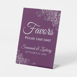 Elegant Plum Purple & Silver Wedding Favors  Pedestal Sign