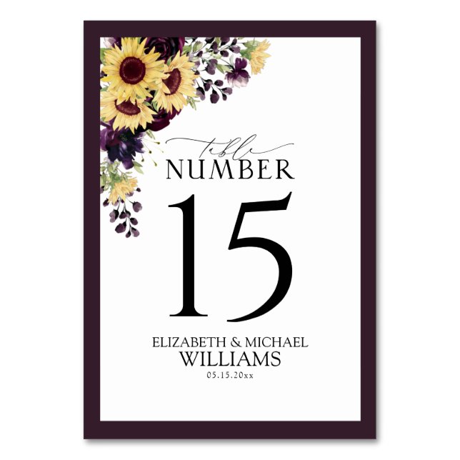 Elegant Plum Purple Sunflower Watercolor Reception Table Number (Front)