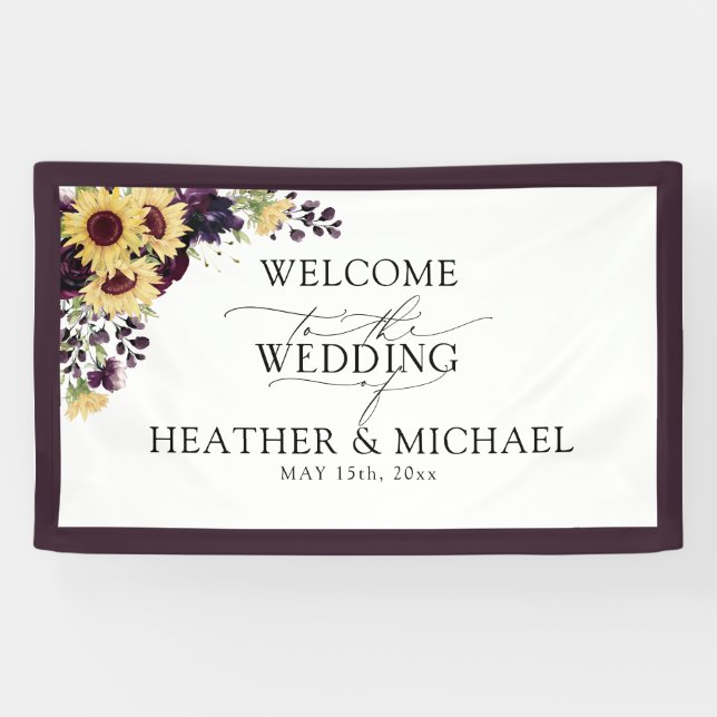 Elegant Plum Purple Sunflower Watercolor Wedding Banner (Horizontal)