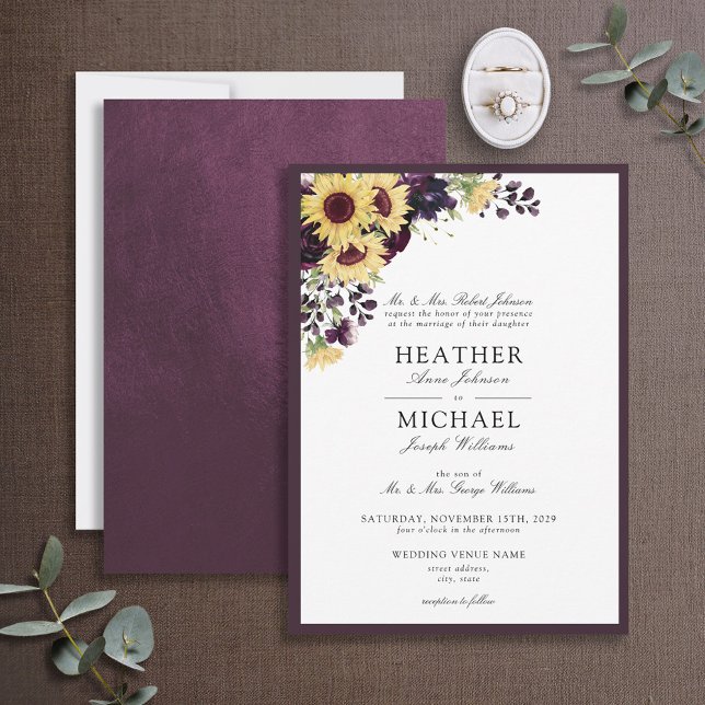 Elegant Plum Purple Sunflower Watercolor Wedding Invitation (Creator Uploaded)