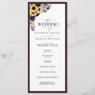 Elegant Plum Purple Sunflower Watercolor Wedding Programme