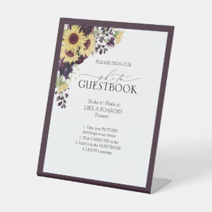 Elegant Plum Purple Sunflower Wedding Guestbook Pedestal Sign