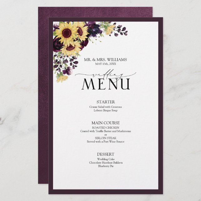 Elegant Plum Purple Sunflower Wedding Menu (Front/Back)