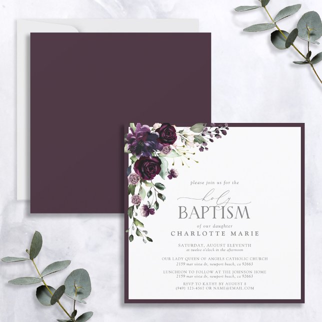 Elegant Plum Purple Watercolor Floral Baby Baptism Invitation (Creator Uploaded)