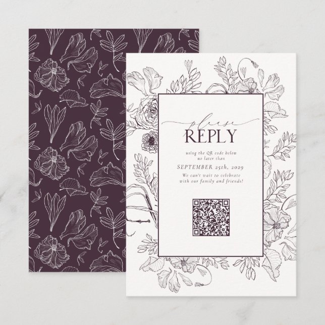 Elegant Plum Purple Wedding QR Code Please Reply RSVP Card (Front/Back)