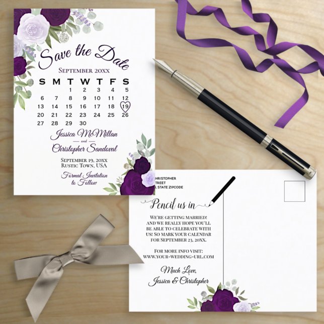 Elegant Plum Roses Wedding Save the Date Calendar Announcement Postcard (Creator Uploaded)