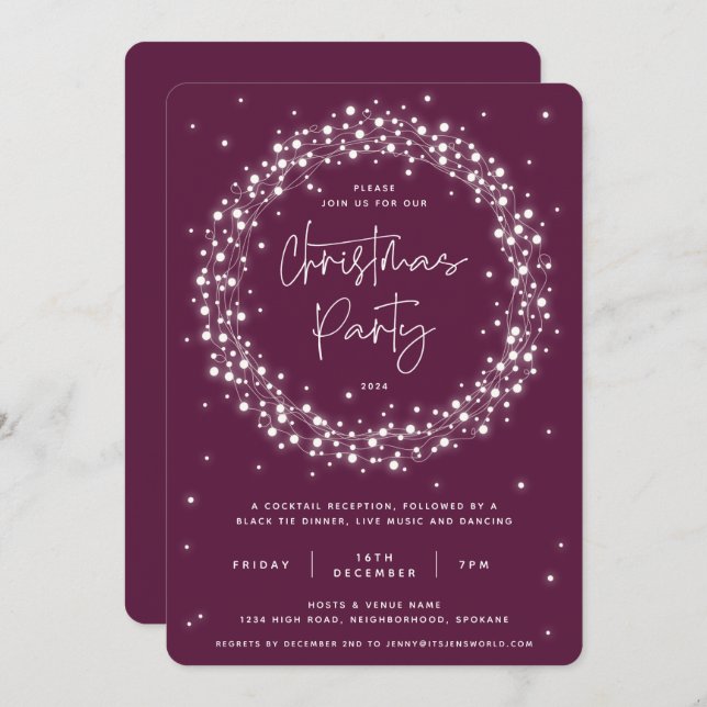 Elegant Plum Sparkling Lights Christmas Party Invitation (Front/Back)