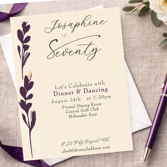  Elegant Plum Watercolor Botanical 70th Birthday Invitation (Creator Uploaded)