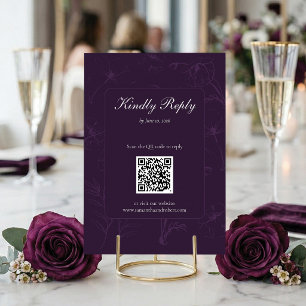Elegant PlumPurple Floral Line Art QR Code Wedding RSVP Card