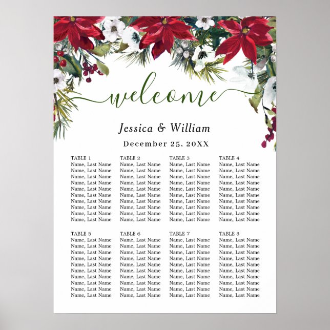 Elegant Poinsettia 8 Tables Wedding SEATING CHART (Front)