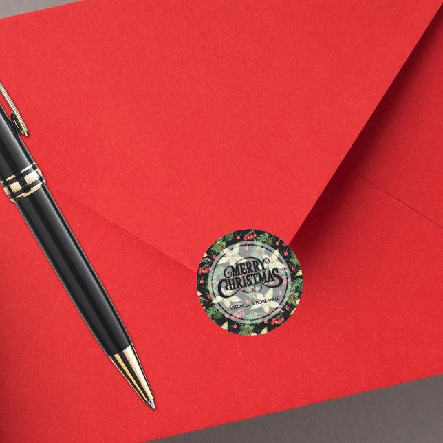 Elegant Poinsettia and Berries on Black Classic Round Sticker (Creator Uploaded)