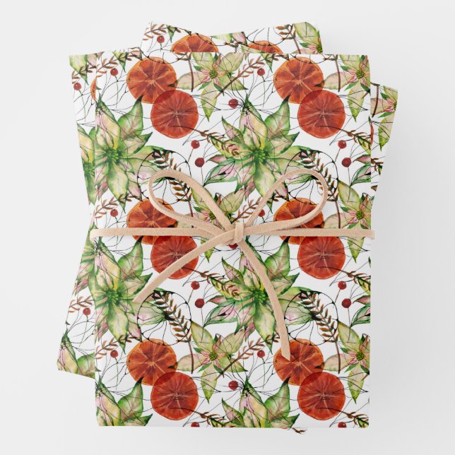 Elegant Poinsettia and Oranges Wrapping Paper Sheet (In situ)