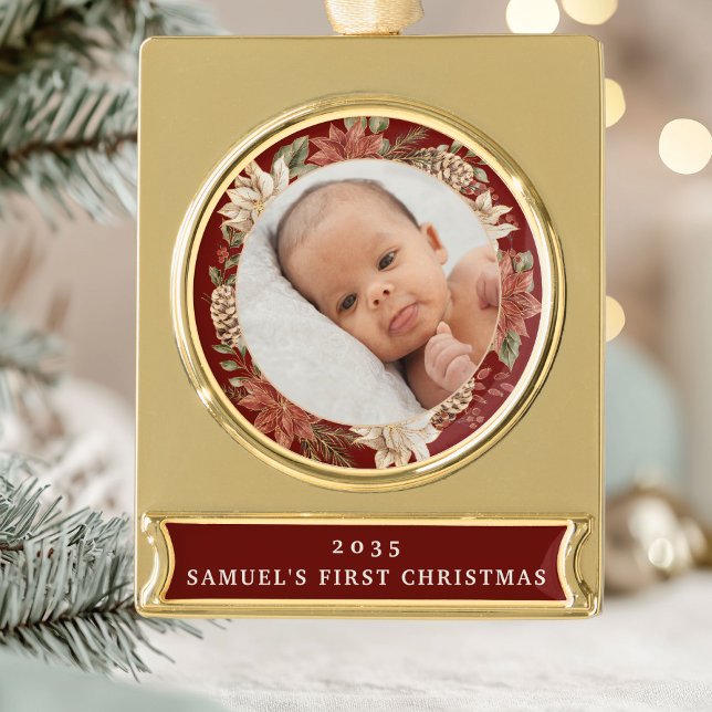 Elegant Poinsettia Baby's First Christmas Photo Gold Plated Banner Ornament (Creator Uploaded)