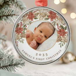 Elegant Poinsettia Baby's First Christmas Photo Metal Tree Decoration