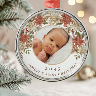 Elegant Poinsettia Baby's First Christmas Photo Metal Tree Decoration