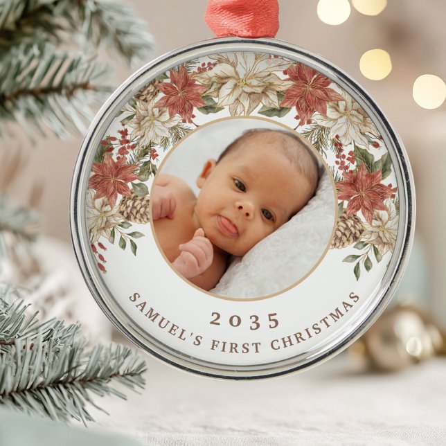 Elegant Poinsettia Baby's First Christmas Photo Metal Tree Decoration (Creator Uploaded)