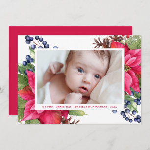 Elegant Poinsettia Berry My First Christmas Photo  Holiday Card
