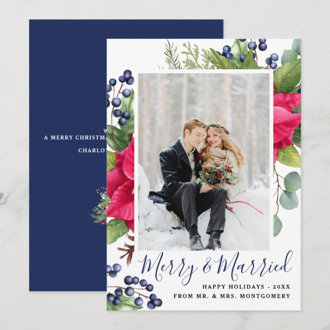 Elegant Poinsettia Blue Merry & Married Photo Holiday Card (Front/Back)