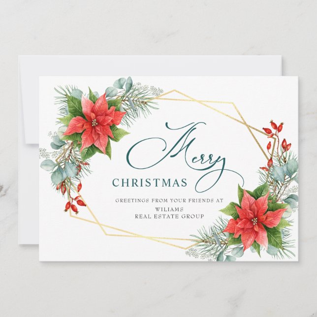 Elegant Poinsettia Christmas Corporate Greeting Holiday Card (Front)