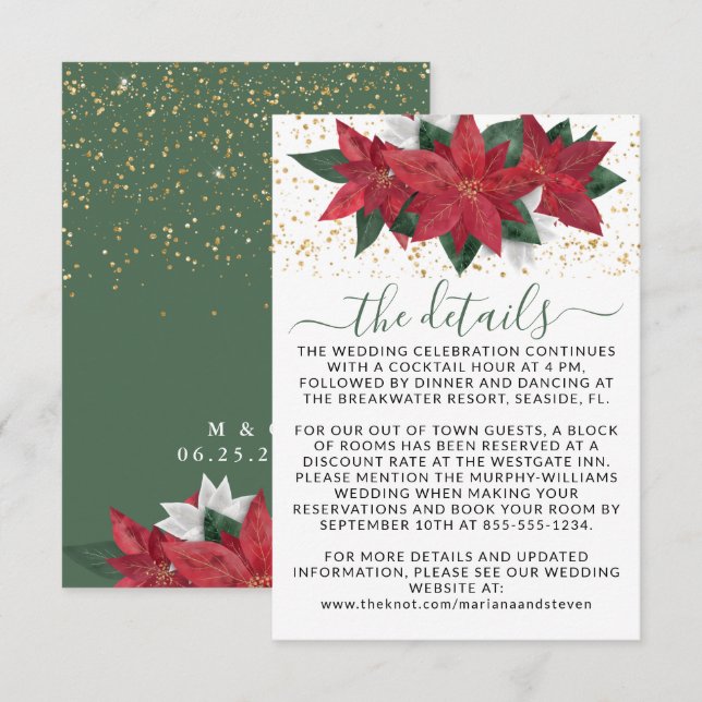 Elegant Poinsettia Christmas Green Wedding Details Enclosure Card (Front/Back)