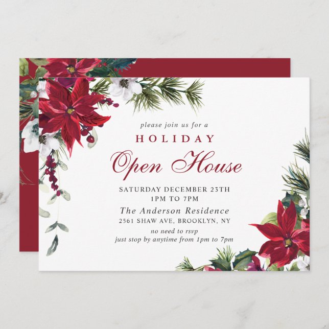 Elegant Poinsettia Christmas Holiday Open House Invitation (Front/Back)