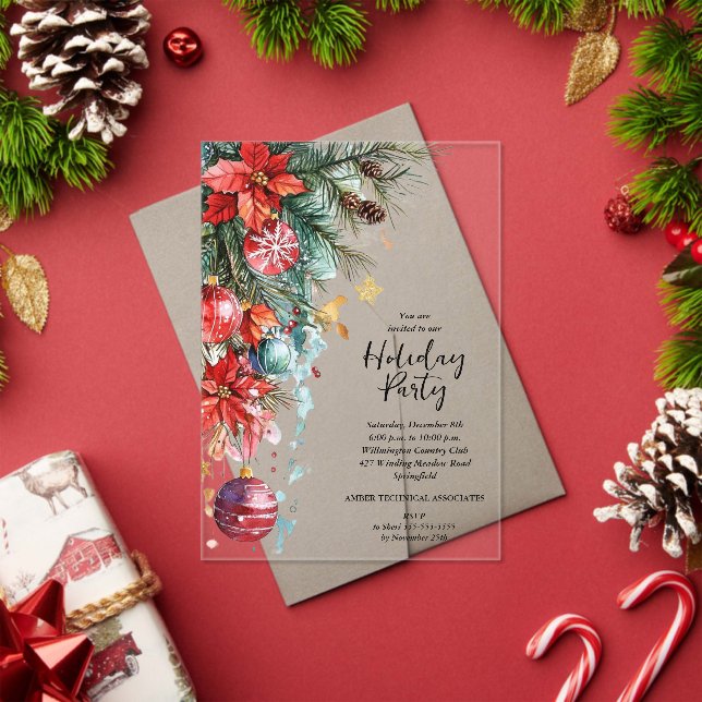 Elegant Poinsettia Christmas Party Acrylic Invitations (Insitu (Holiday))