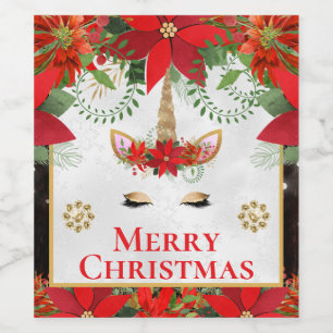 Elegant Poinsettia Christmas Unicorn Wine Label