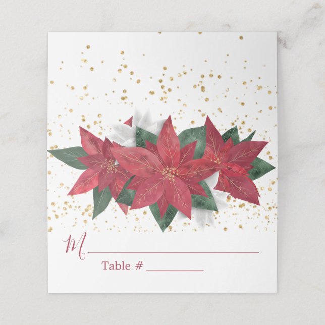 Elegant Poinsettia Christmas Wedding Place Card (Outside Unfolded)