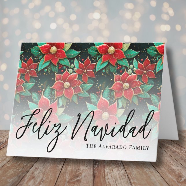 Elegant Poinsettia Feliz Navidad Christmas Holiday Card (Elegant Poinsettia Flowers Feliz Navidad Christmas Holiday Card)