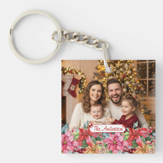 Elegant Poinsettia Floral Border Custom Photo Key Ring