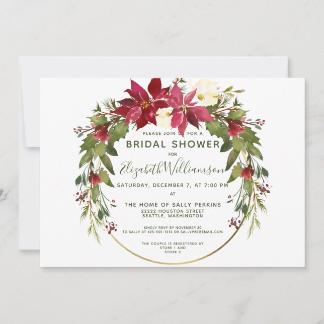 Elegant Poinsettia Floral Christmas Bridal Shower Invitation (Front)