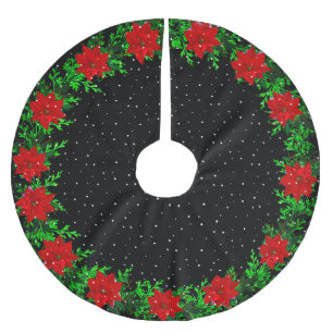 Elegant Poinsettia Flower Garland on Black Brushed Polyester Tree Skirt