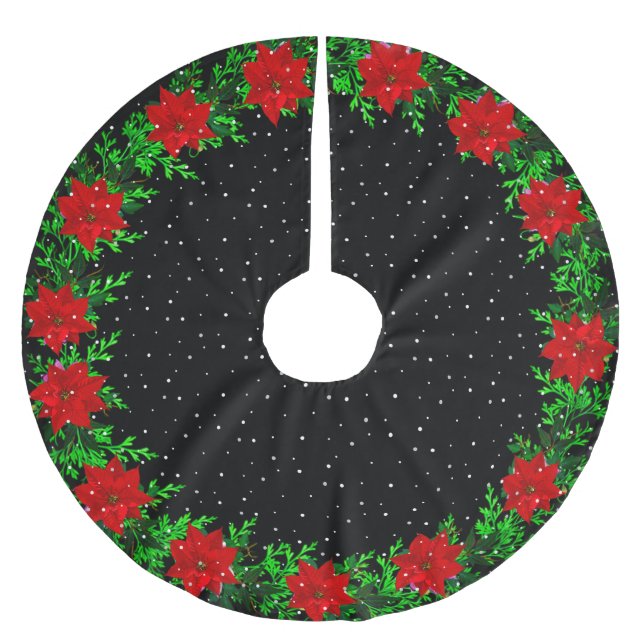 Elegant Poinsettia Flower Garland on Black Brushed Polyester Tree Skirt (Front)