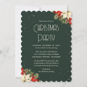 Elegant Poinsettia Green Christmas Party Invitation