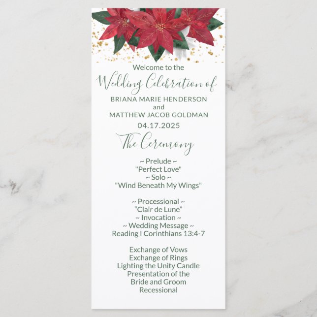 Elegant Poinsettia Green Christmas Wedding Program Programme (Front)