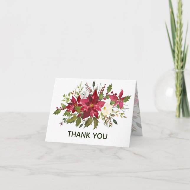 Elegant Poinsettia Greenery Christmas Wedding Thank You Card (Front)