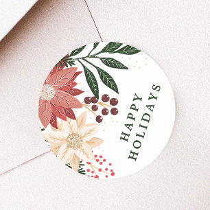 Elegant Poinsettia Happy Holiday Watercolor Classic Round Sticker