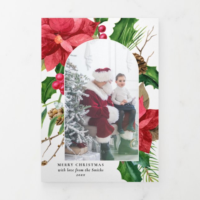 Elegant Poinsettia & Holly Arched Photo-White BG Tri-Fold Card (Cover)