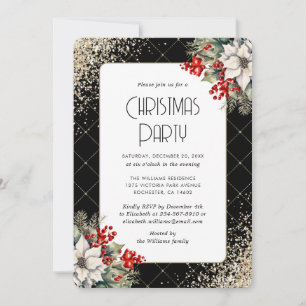 Elegant Poinsettia Holly Berries Christmas Party Invitation