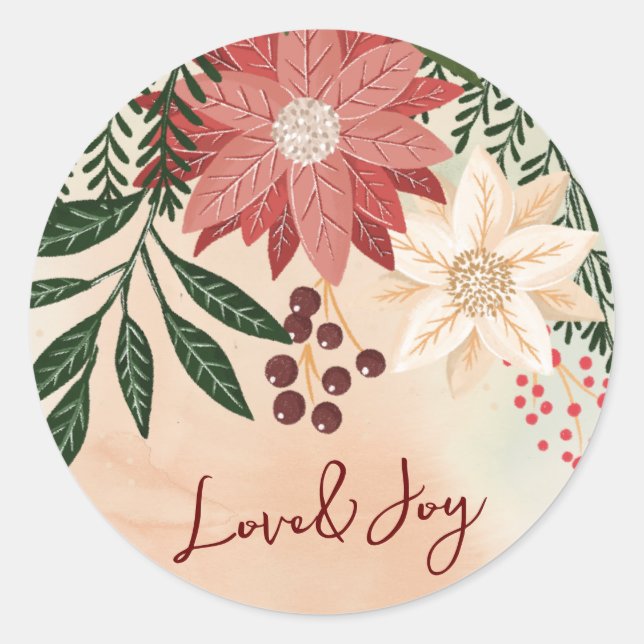 Elegant Poinsettia Merry Christmas Watercolor Classic Round Sticker (Front)
