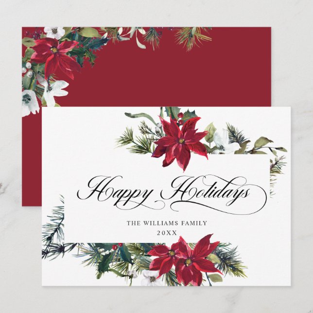 Elegant Poinsettia Mistletoe Christmas Greeting Holiday Card (Front/Back)
