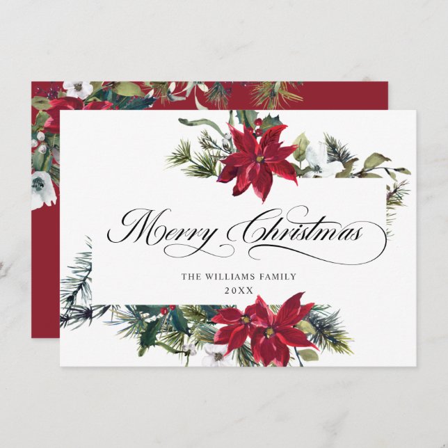 Elegant Poinsettia Mistletoe Christmas Greeting Holiday Card (Front/Back)
